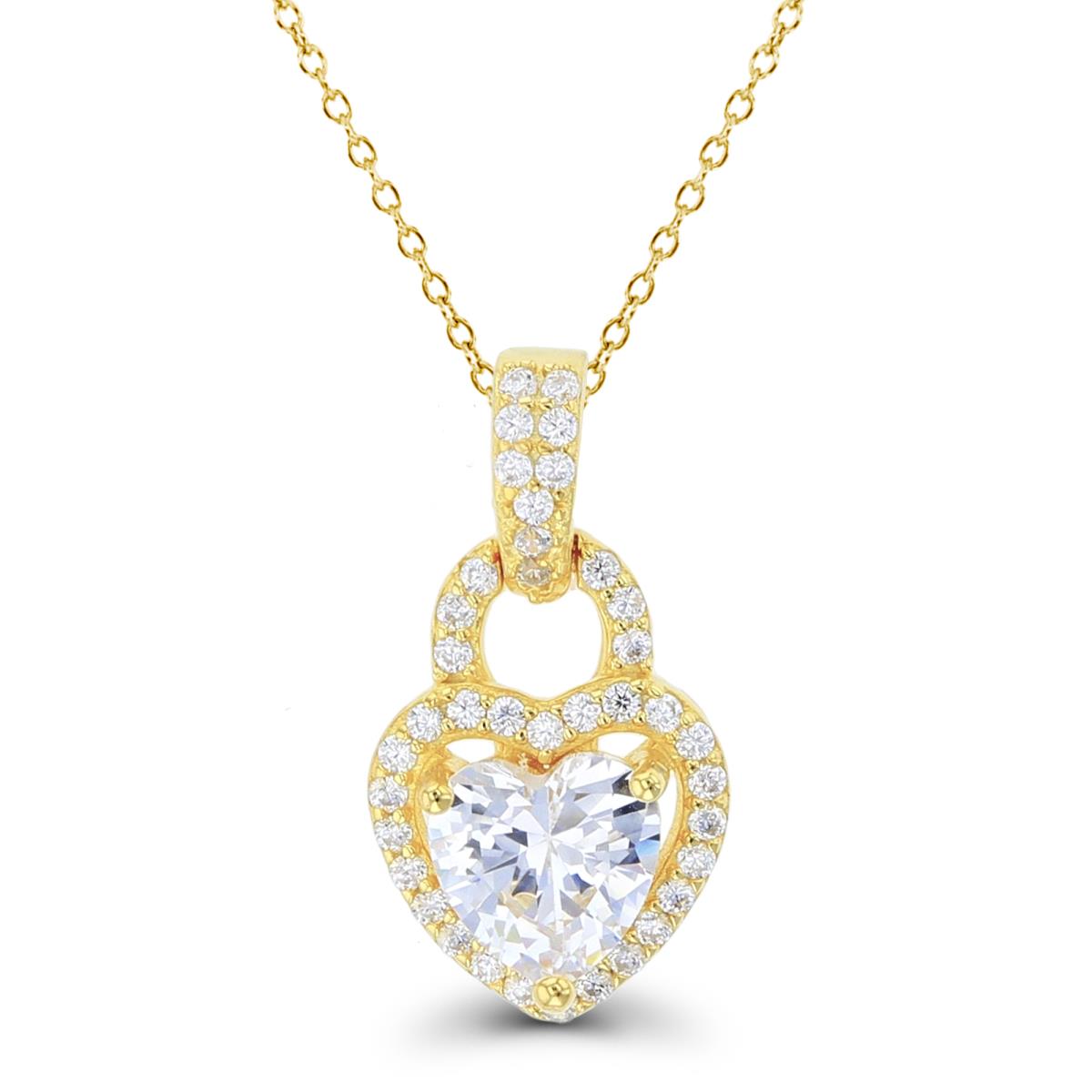 Sterling Silver+1Micron Yellow Gold 6mm HS White CZ Center & Rnd White CZ Halo Heart 18"Necklace
