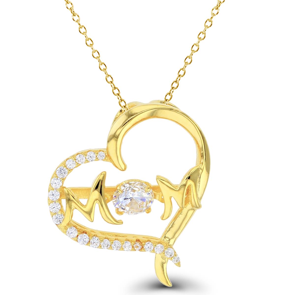 Sterling Silver+1Micron Yellow Gold 5mm Rnd White CZ Dancing in "MOM" Open Heart 18"Necklace