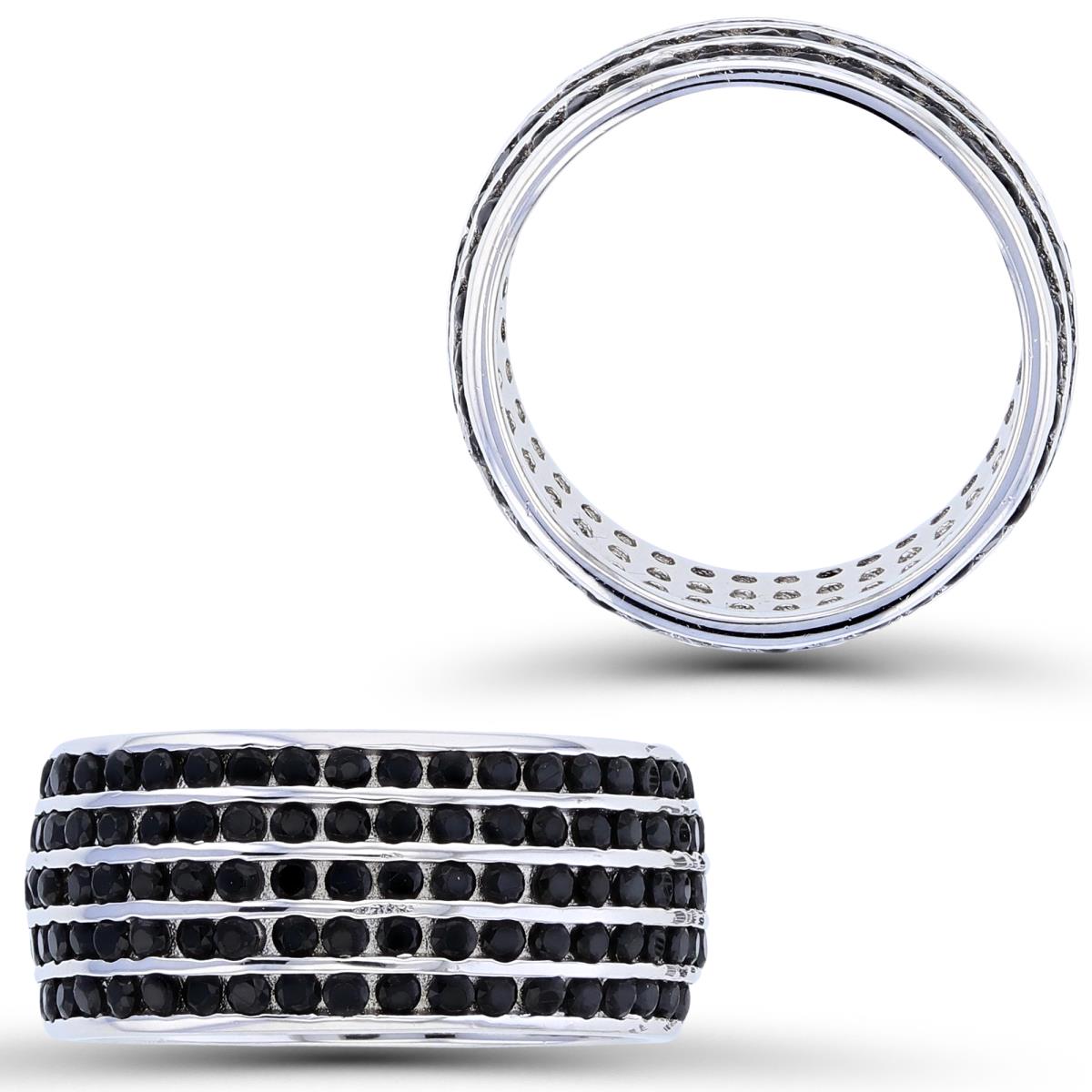 Sterling Silver Rhodium 5-Rows Rnd Black Spinel Channel Set Eternity Band