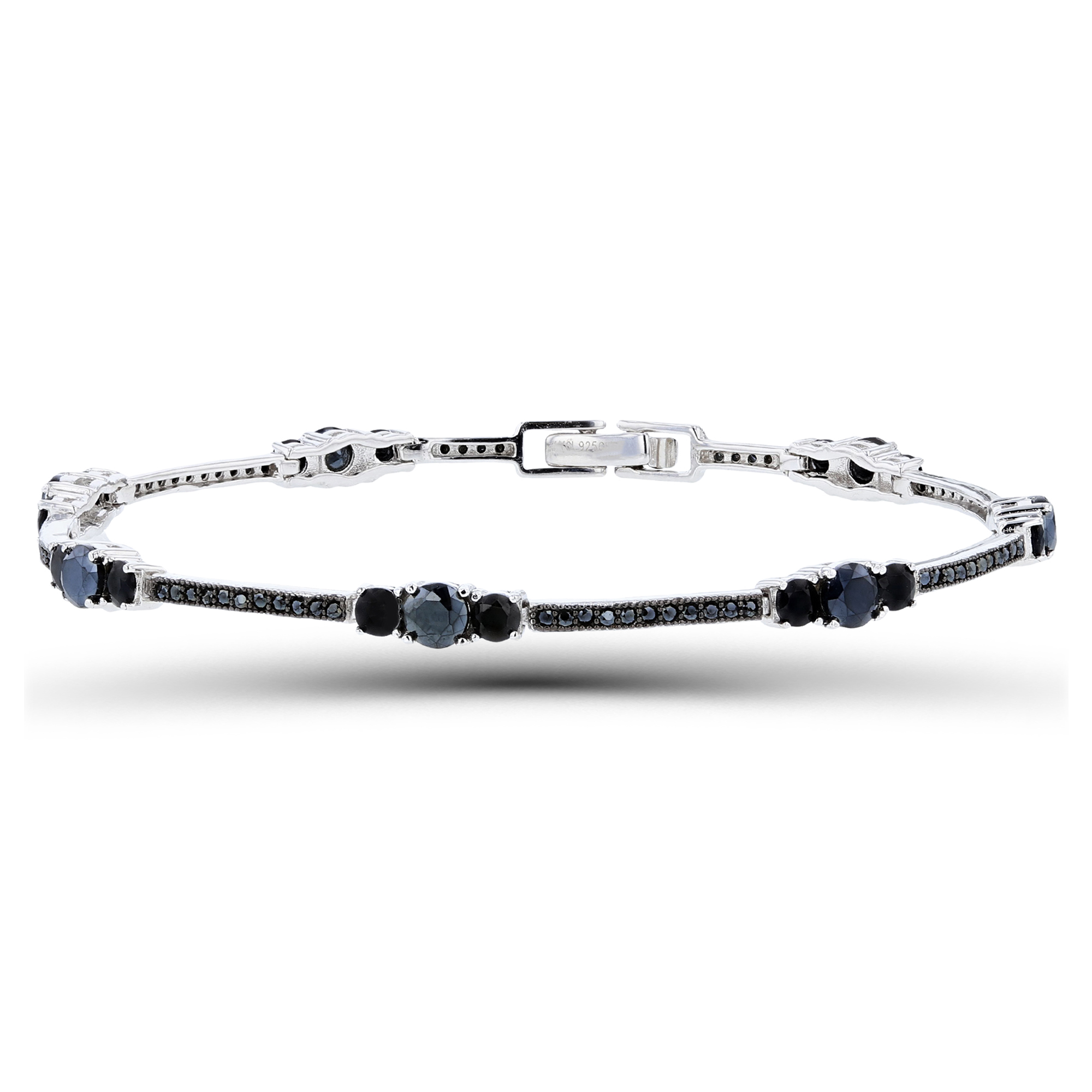 Sterling Silver Two-Tone Rnd Black Spinel Alternate 3-Stone & Bar Tennis Bracelet