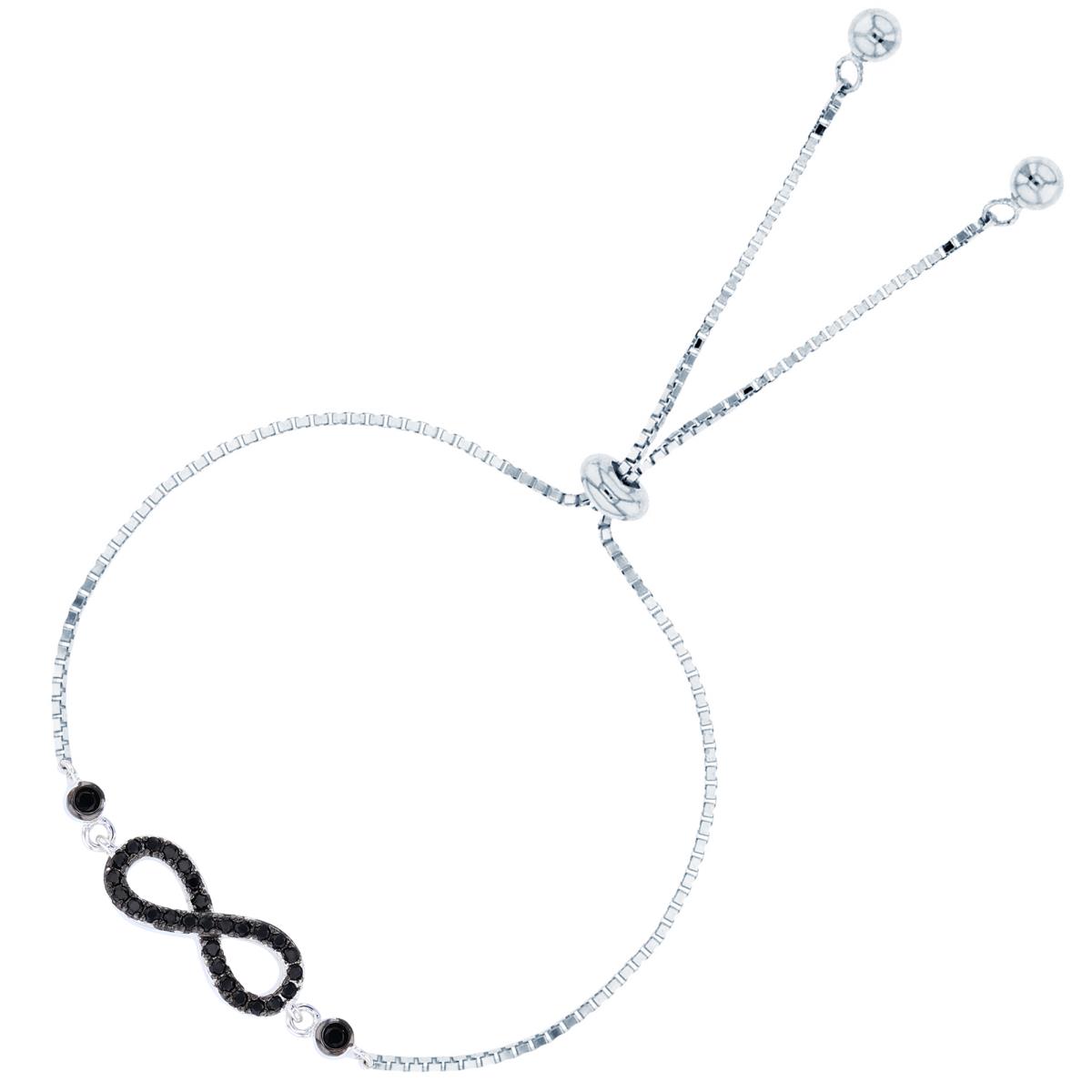Sterling Silver Two-Tone Rnd Black Spinel Infinity Adjustable Bolo Bracelet