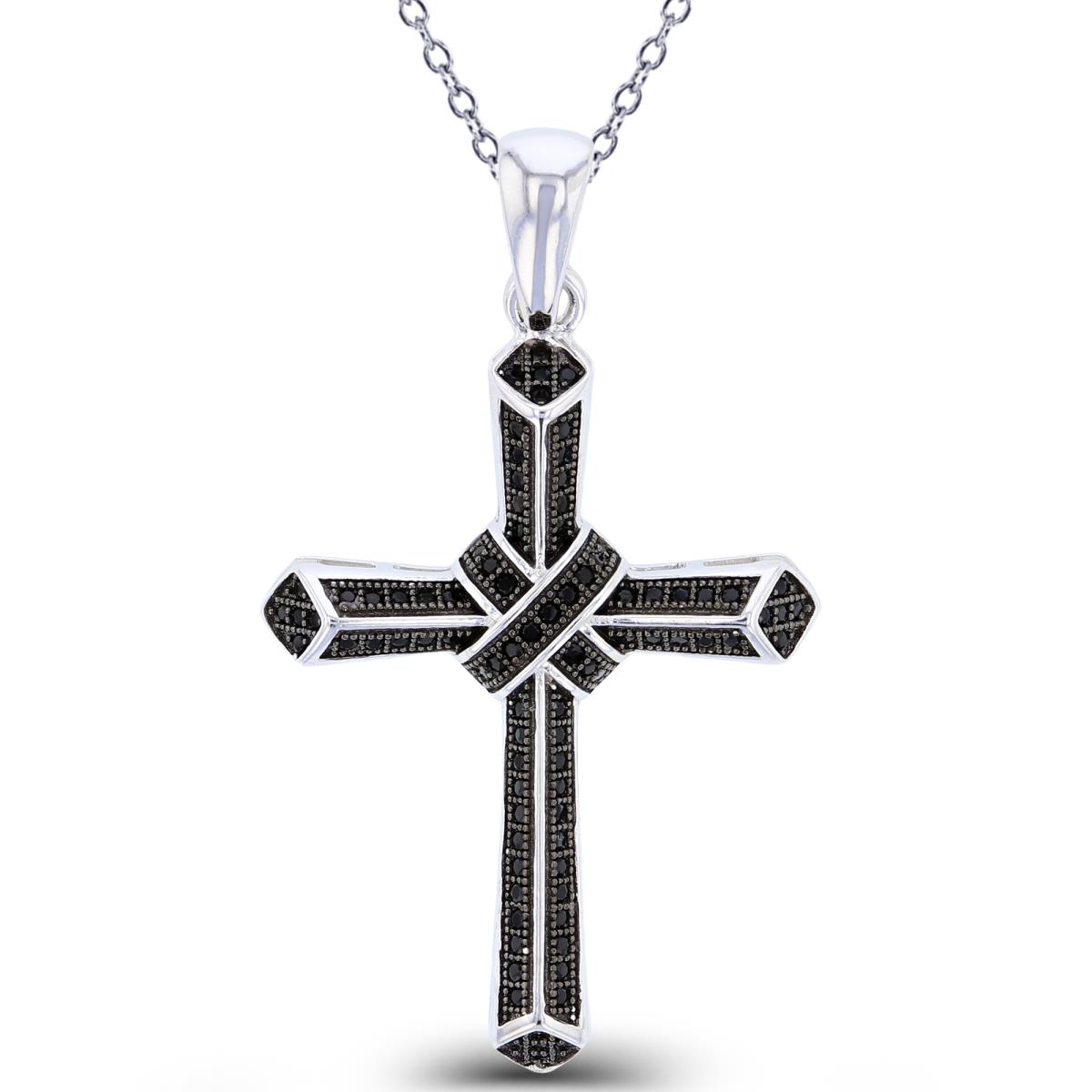 Sterling Silver Two-Tone Rnd Black Spinel Micropave Milgrain Cross 18"Necklace