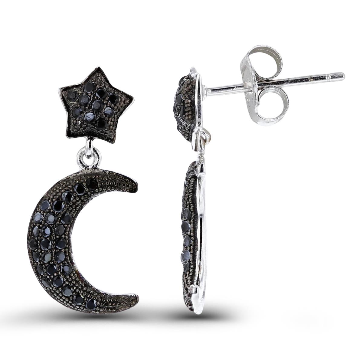 Sterling Silver Two-Tone Rns Black Spinel Pave Star Top & Moon Dangling Earrings