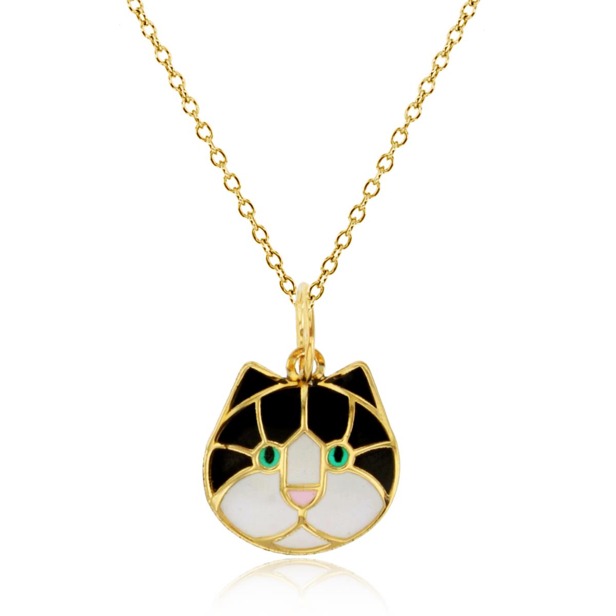 10K Yellow Gold Enamel 16x11mm Chubby Cat Head 18" 020 Rollo Chain Necklace