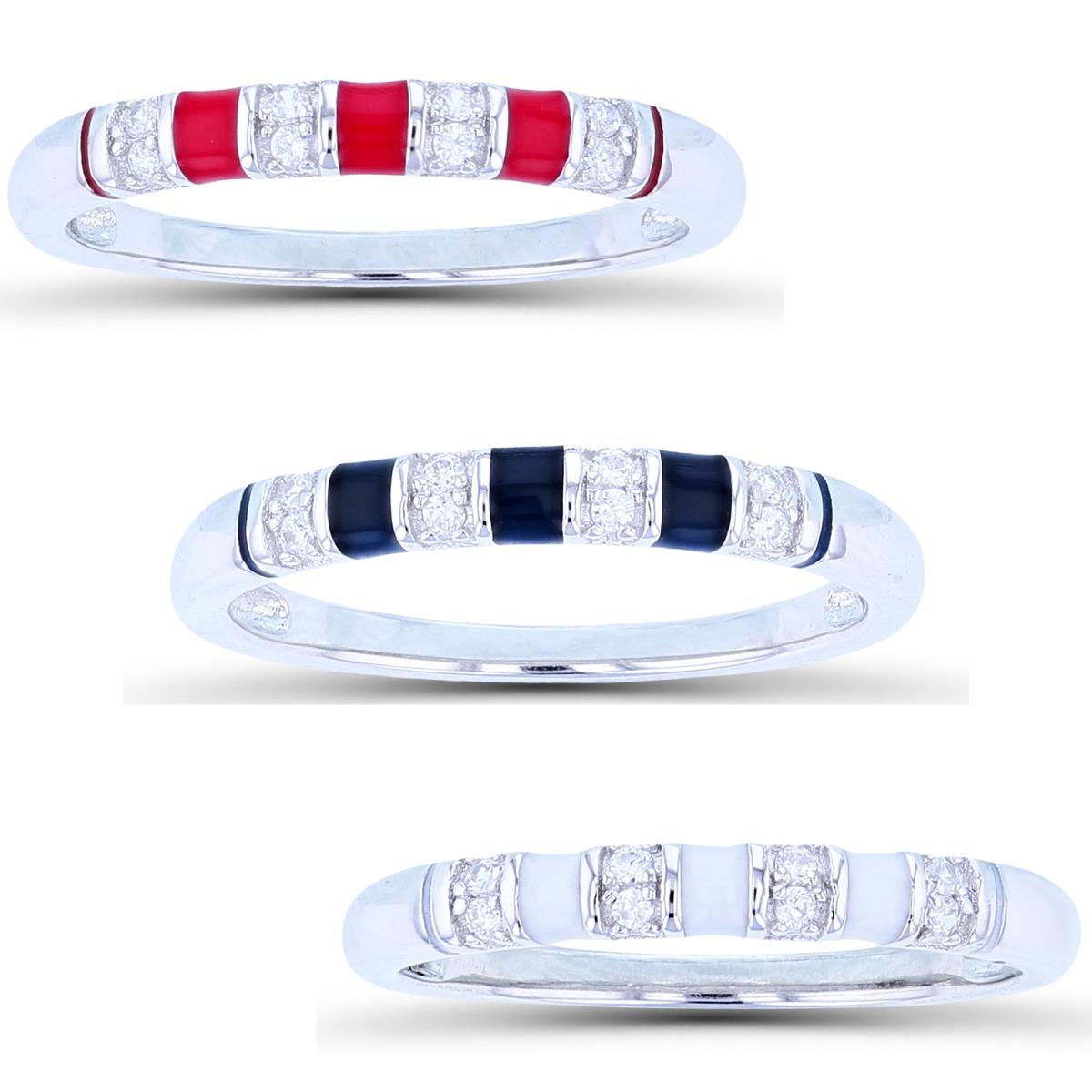 Sterling Silver Rhodium 3mm  Alternate Enamel & Rnd White CZ 3-Bands Set (Red/Blue/White)