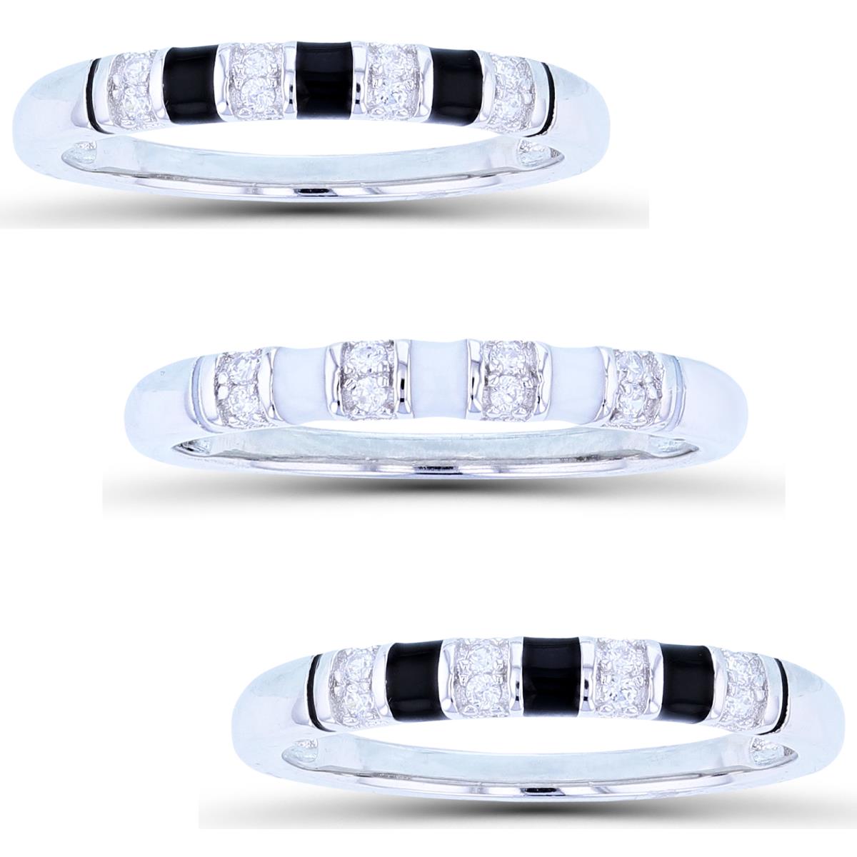 Sterling Silver Rhodium 3mm  Alternate Enamel & Rnd White CZ 3-Bands Set (Black/White/Black)