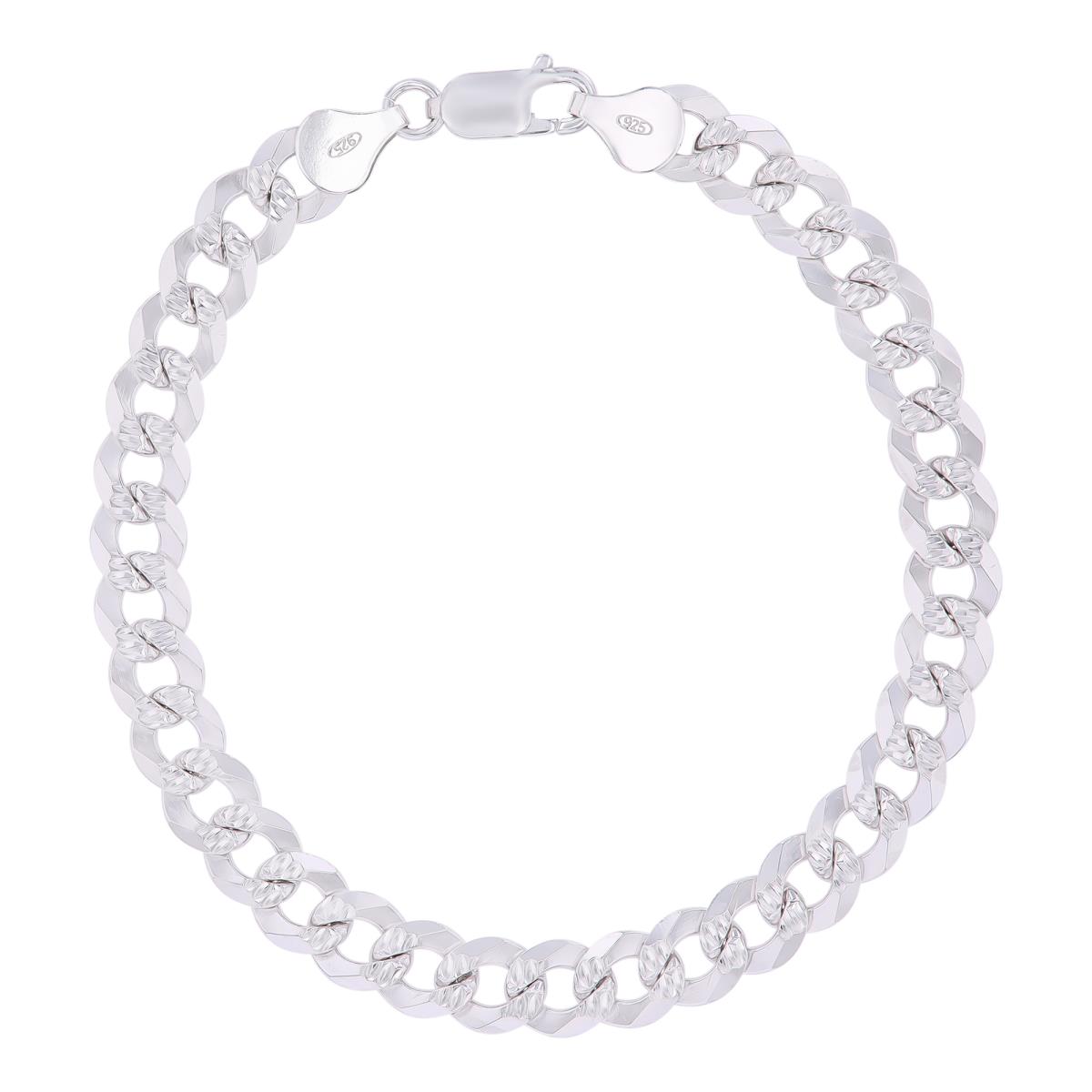 Sterling Silver Rhodium DC 7.6mm 200 Curb Pave 8.5"Chain Bracelet