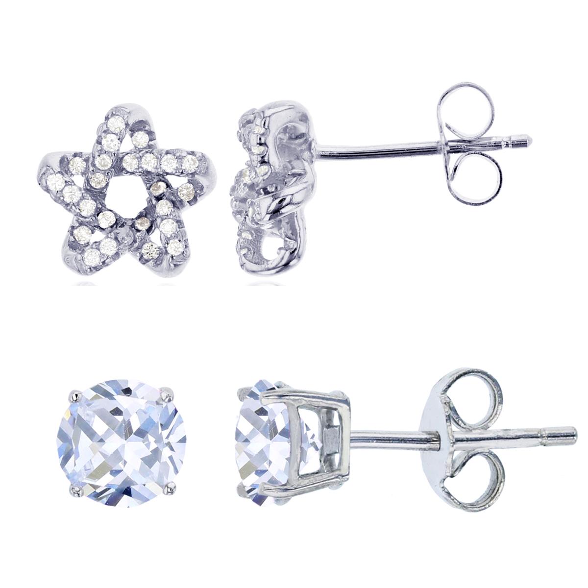 Sterling Silver Rhodium 4mm Rnd CZ Solitaire & Star Stud Earrings Set
