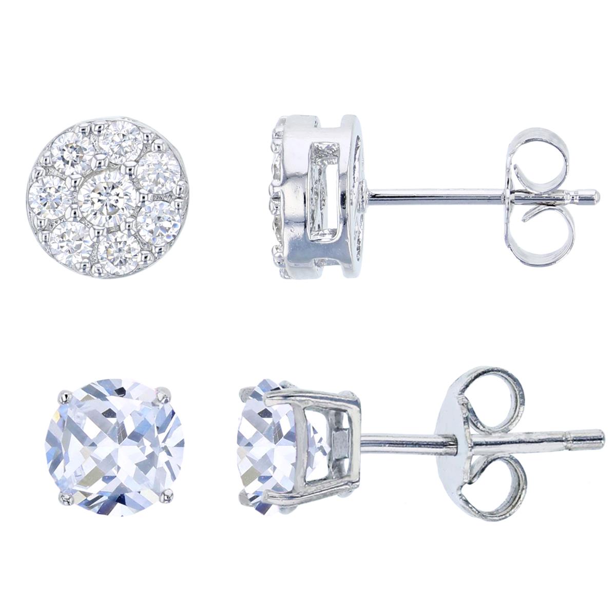 Sterling Silver Round Pave Cluster & 4mm Round Solitaire Stud Earring Set