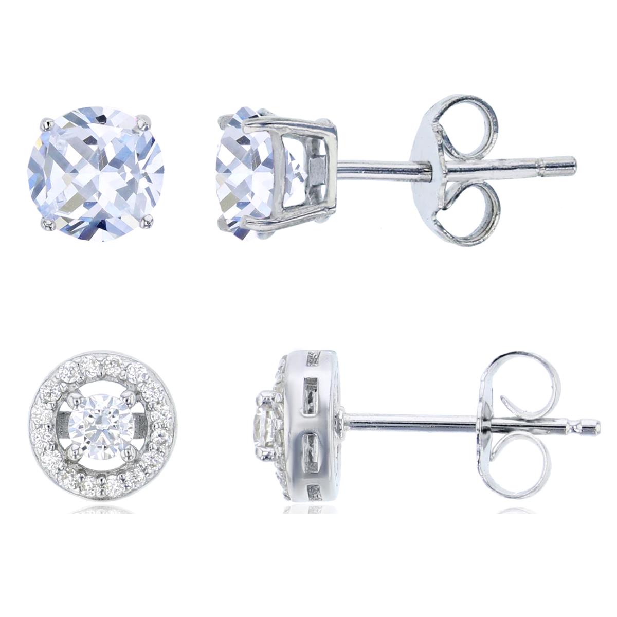 Sterling Silver Rhodium 4mm & 3mm Rnd CZ Solitaire Stud Earrings Set