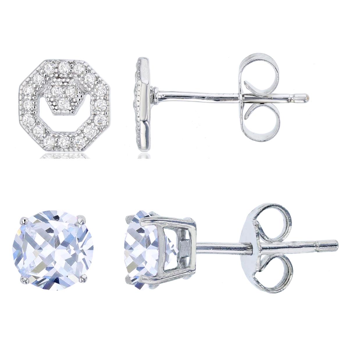 Sterling Silver Micropave Petite Octagon & 4.00mm Round Solitaire Stud Earring Set