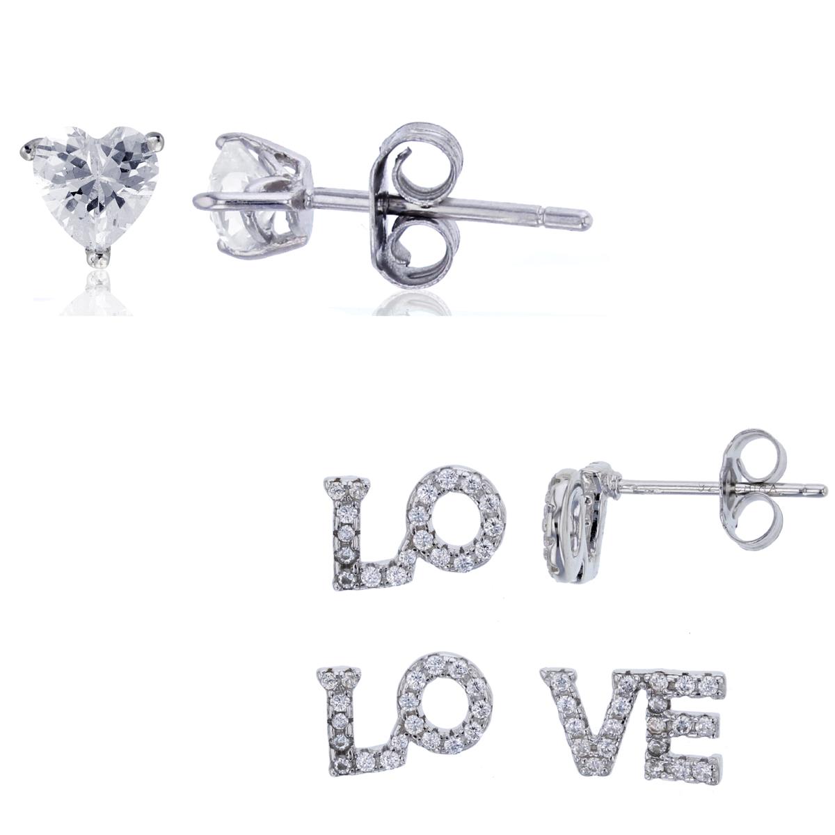 Sterling Silver Rhodium 4mm HS & Rnd CZ "Love"Stud Earrings Set