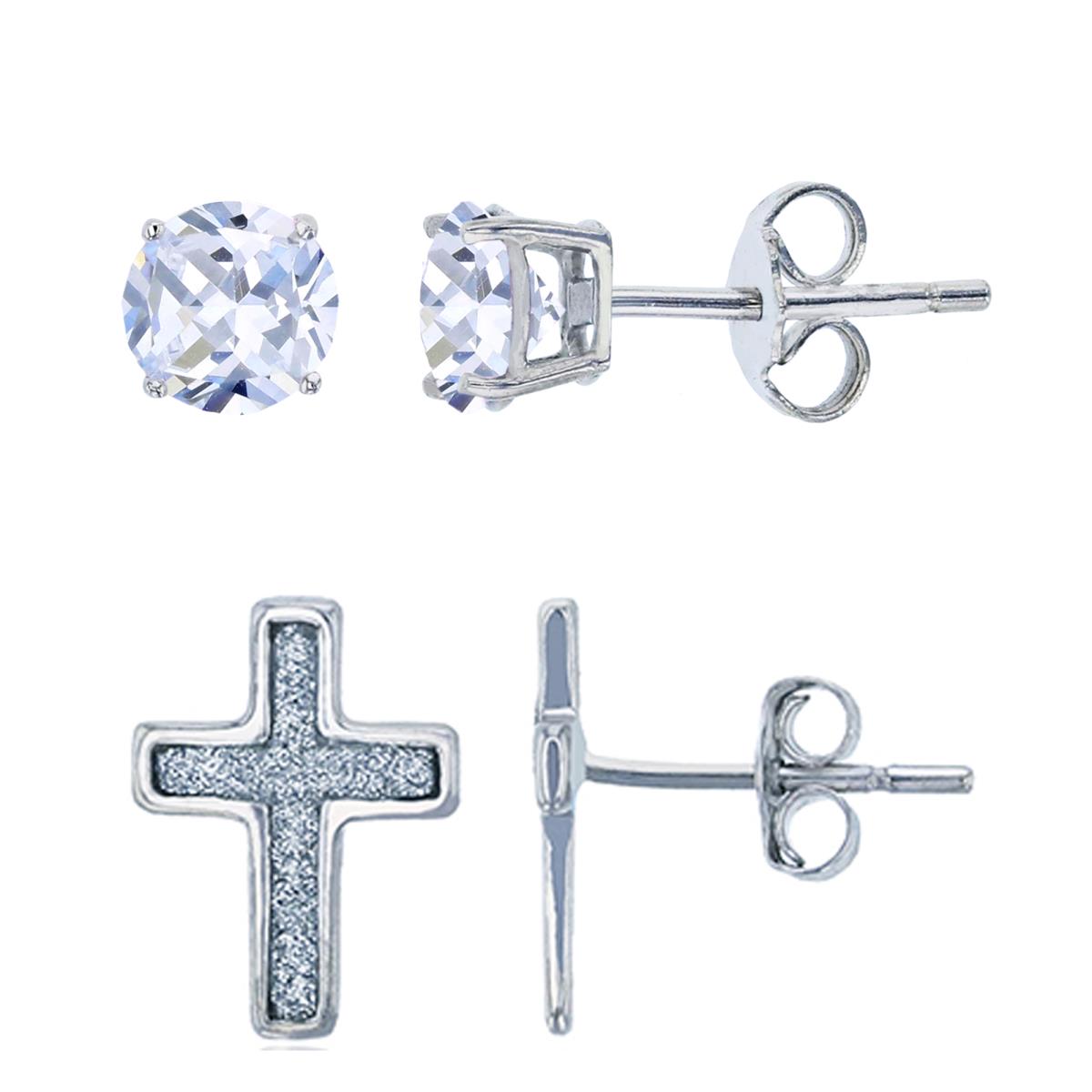 Sterling Silver Rhodium Glitter Cross & 4.00mm Round Solitaire Stud Earring Set