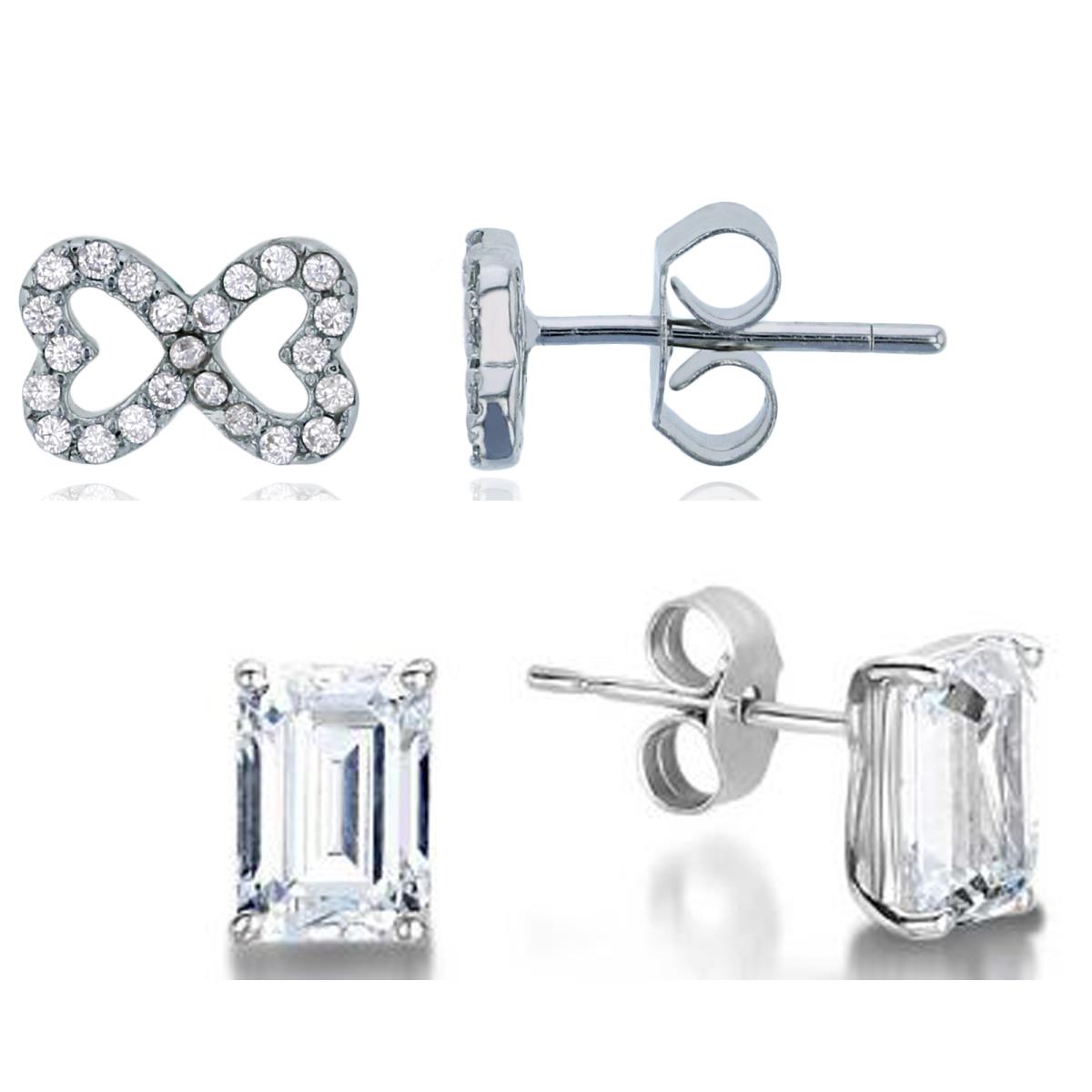 Sterling Silver Rhodium Heart Bow & 6x4mm CZ Solitaire Stud Earrings Set