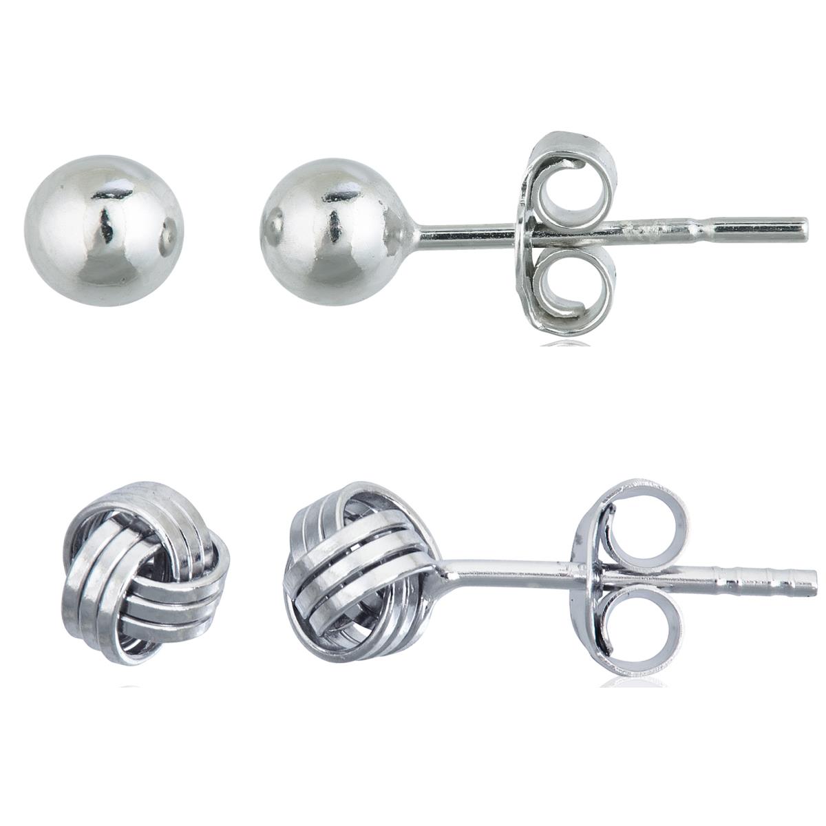 Sterling Silver 5mm High Polish Ball & 5mm Love Knot Stud Earring Set