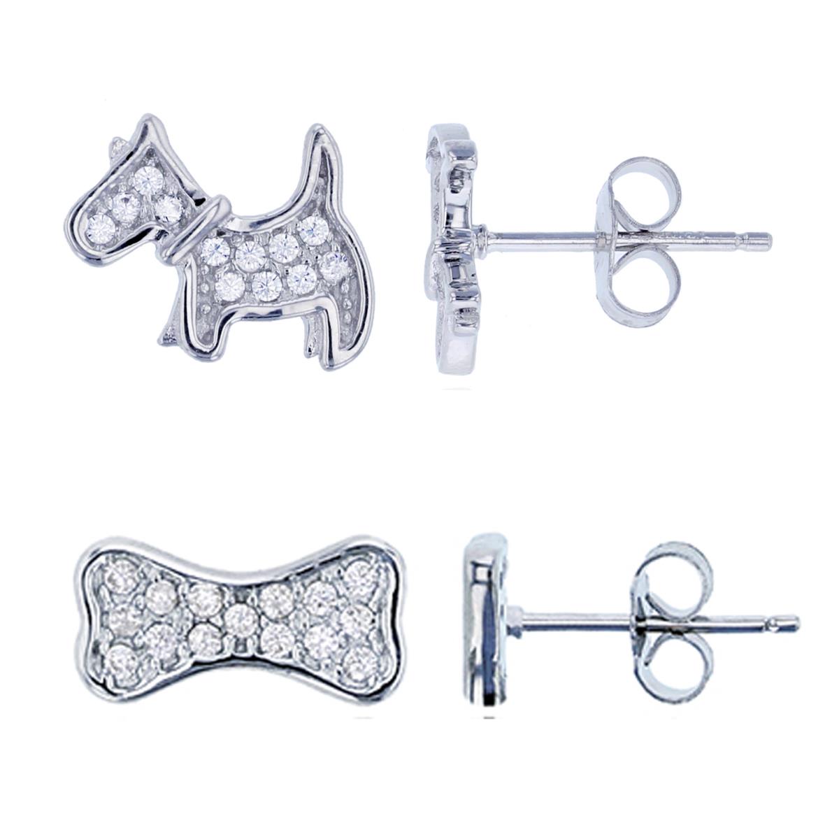 Sterling Silver Rhodium Rnd CZ Dog & Dog Bone Stud Earrings Set