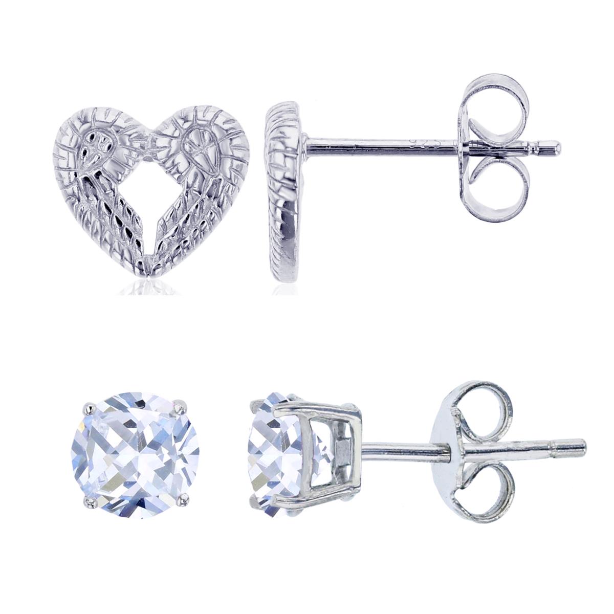 Sterling Silver Rhodium Heart Wing & 4mm Round Solitaire Stud Earring Set