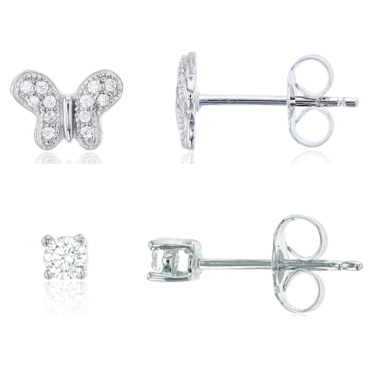 Sterling Silver Rhodium Butterfly & 3mm Rnd CZ Solitaire Stud Earrings Set