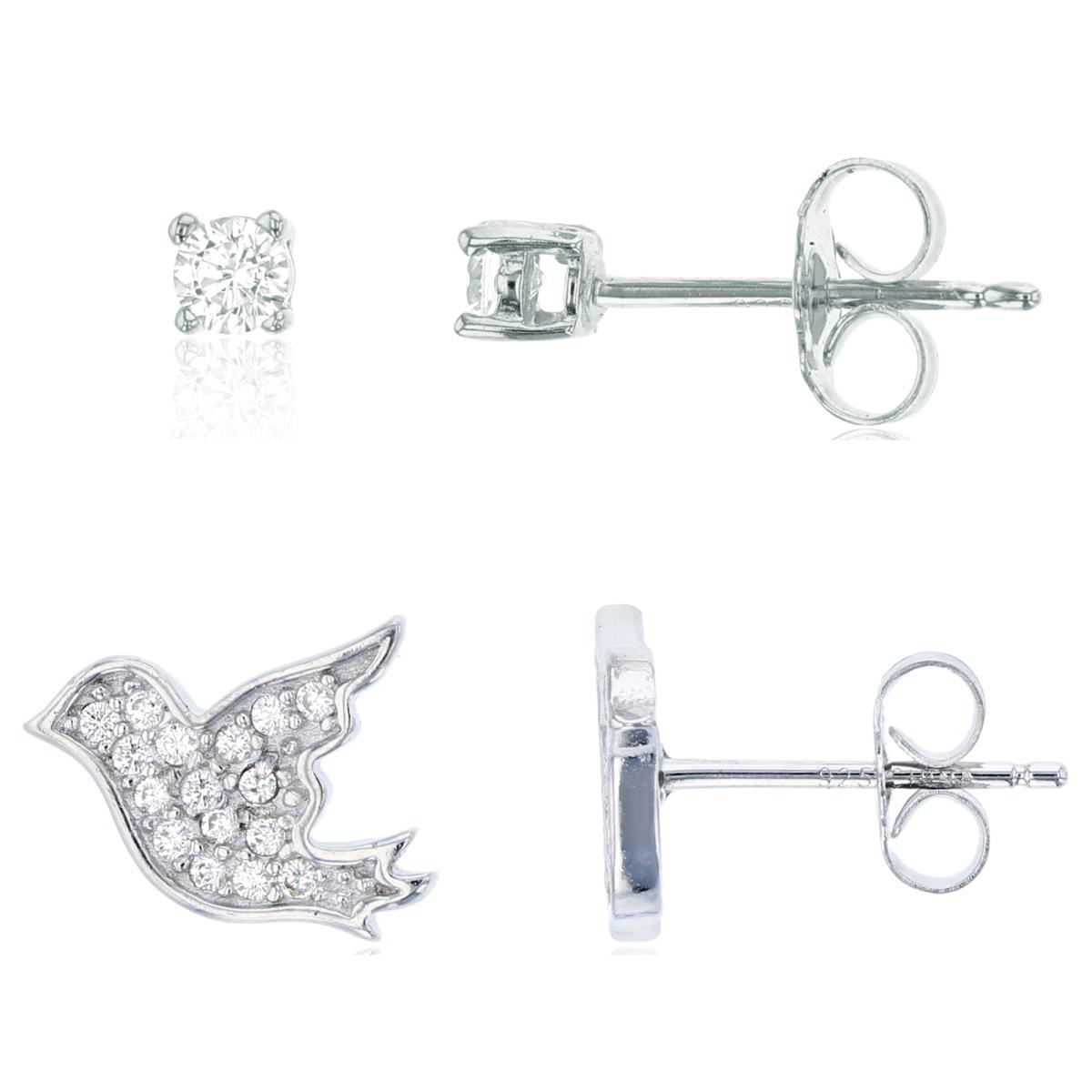 Sterling Silver Rhodium Dove & 3mm Rnd CZ Solitaire Stud Earrings Set