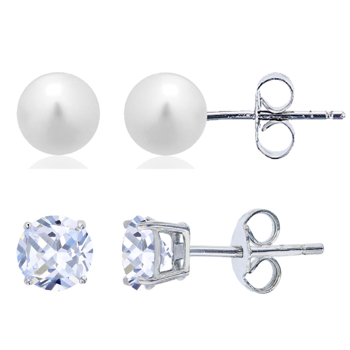 Sterling Silver Rhodium 5-6mm Freshwater Pearl & 4mm Round Solitaire Stud Earring Set
