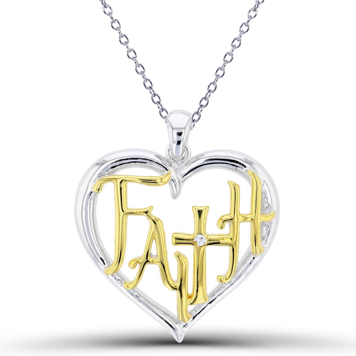 Sterling Silver Rhodium+1Micron Yellow Gold Single Rnd White CZ "Faith" High Polish Open Heart 18"Necklace