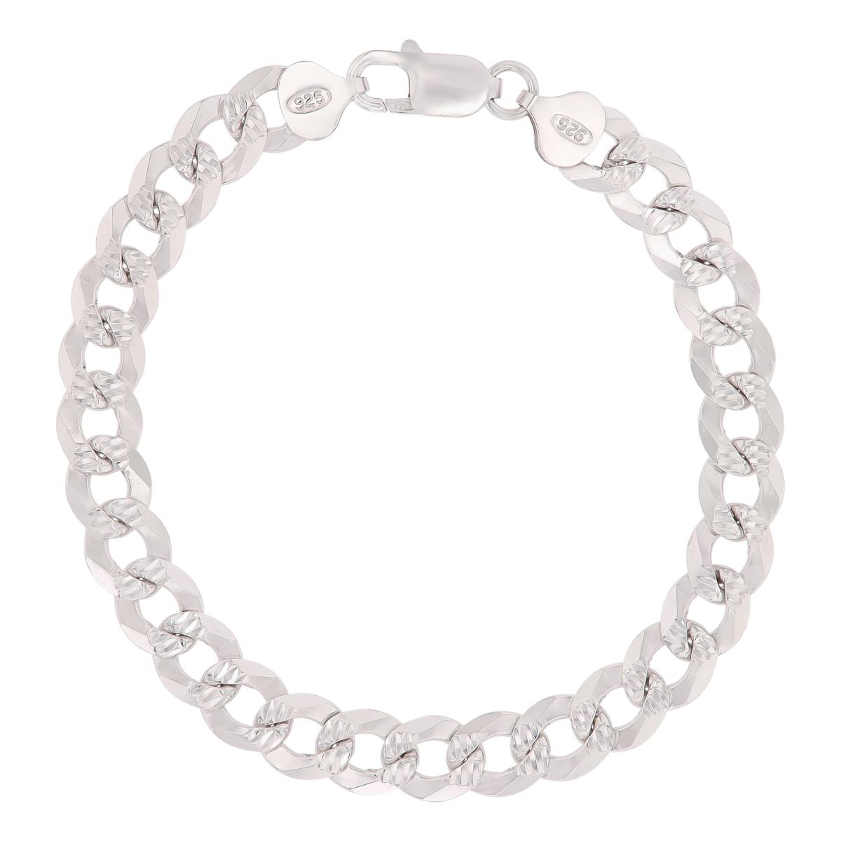 Sterling Silver Anti-Tarnish DC 8.6mm 250 Curb Pave 8.5"Chain Bracelet