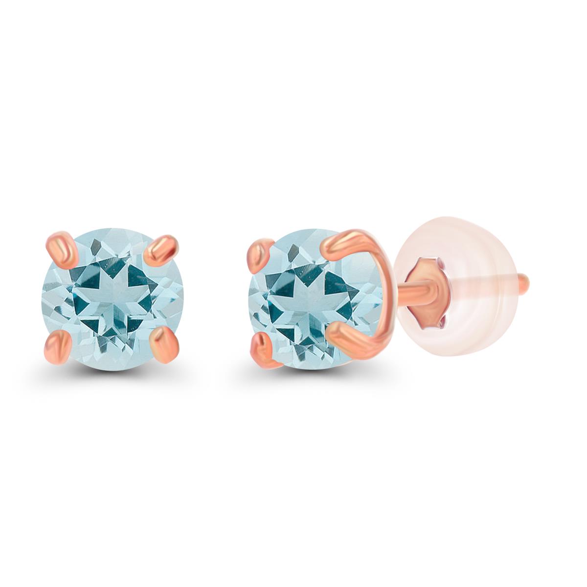 Sterling Silver Rose 3mm Round Aquamarine Stud Earring with Silicone Back