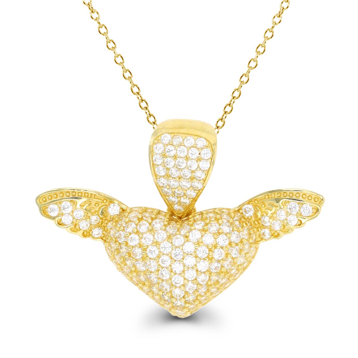 14K Yellow Gold Paved Heart with Wings 18" Necklace