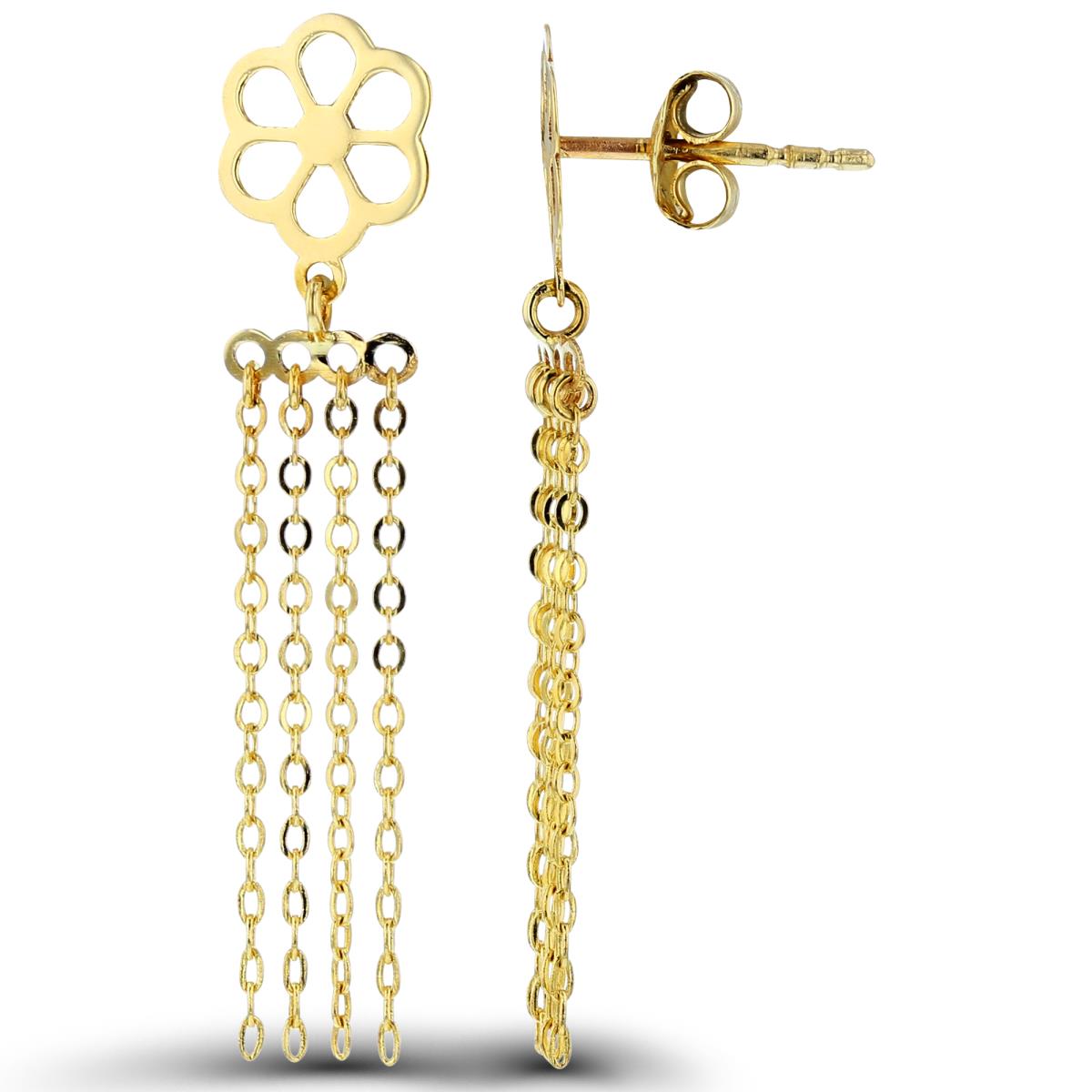 14K Yellow Gold Flower Ornament Top with Tassels Dangling Earrings
