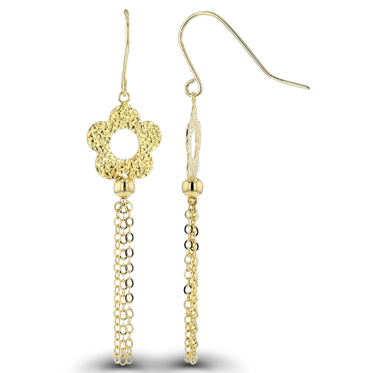 14K Yellow Gold Textured Flower Top with Tassels Dangling Earrings on Fish Hook