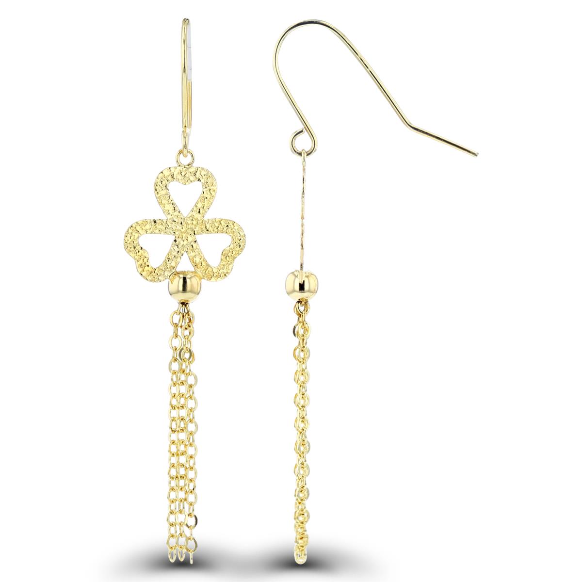 14K Yellow Gold Textured Flower Top with Tassels Dangling Earrings on Fish Hook