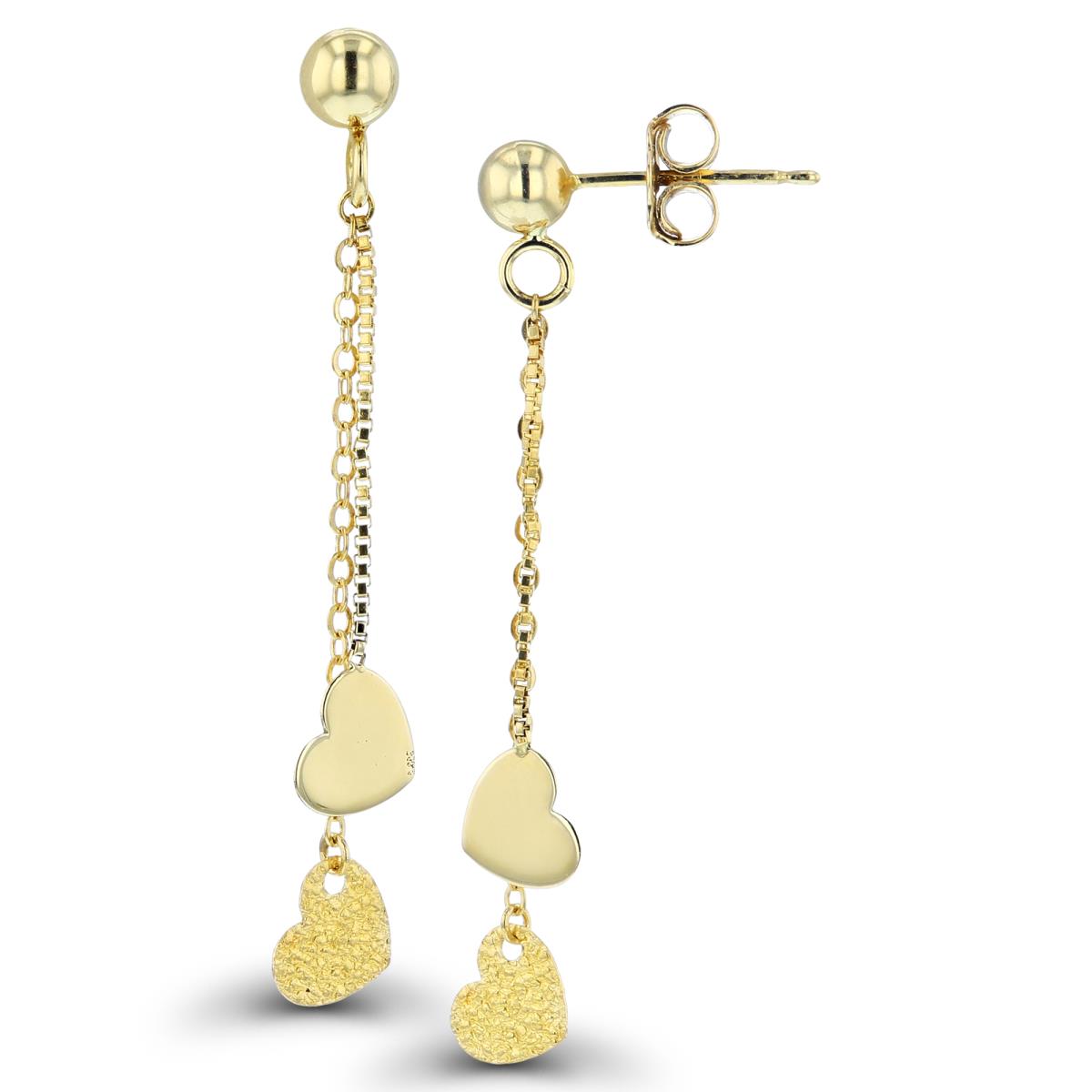 14K Yellow Gold High Polish & Textured Hearts Dangling on Spools Earrings