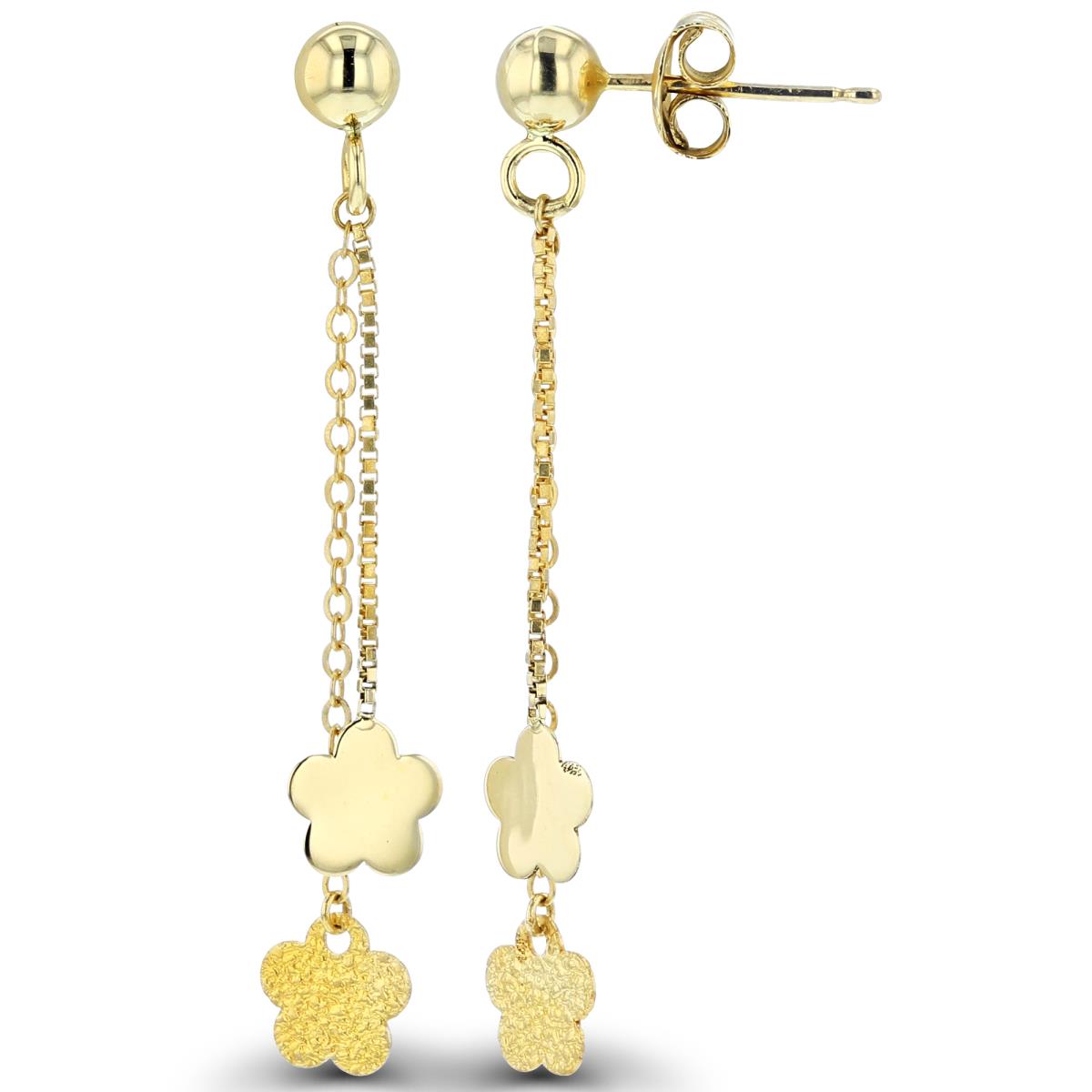 14K Yellow Gold High Polish & Textured Flowers Dangling on Spools Earrings