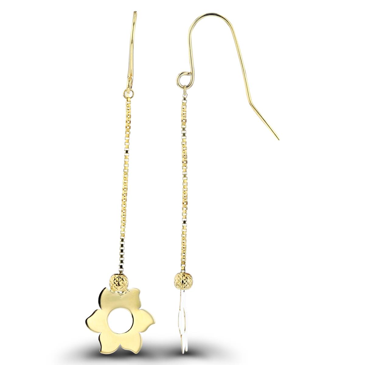 14K Yellow Gold High Polish Flower & DC Ball Dangling on Spool Earrings with Fish Hook