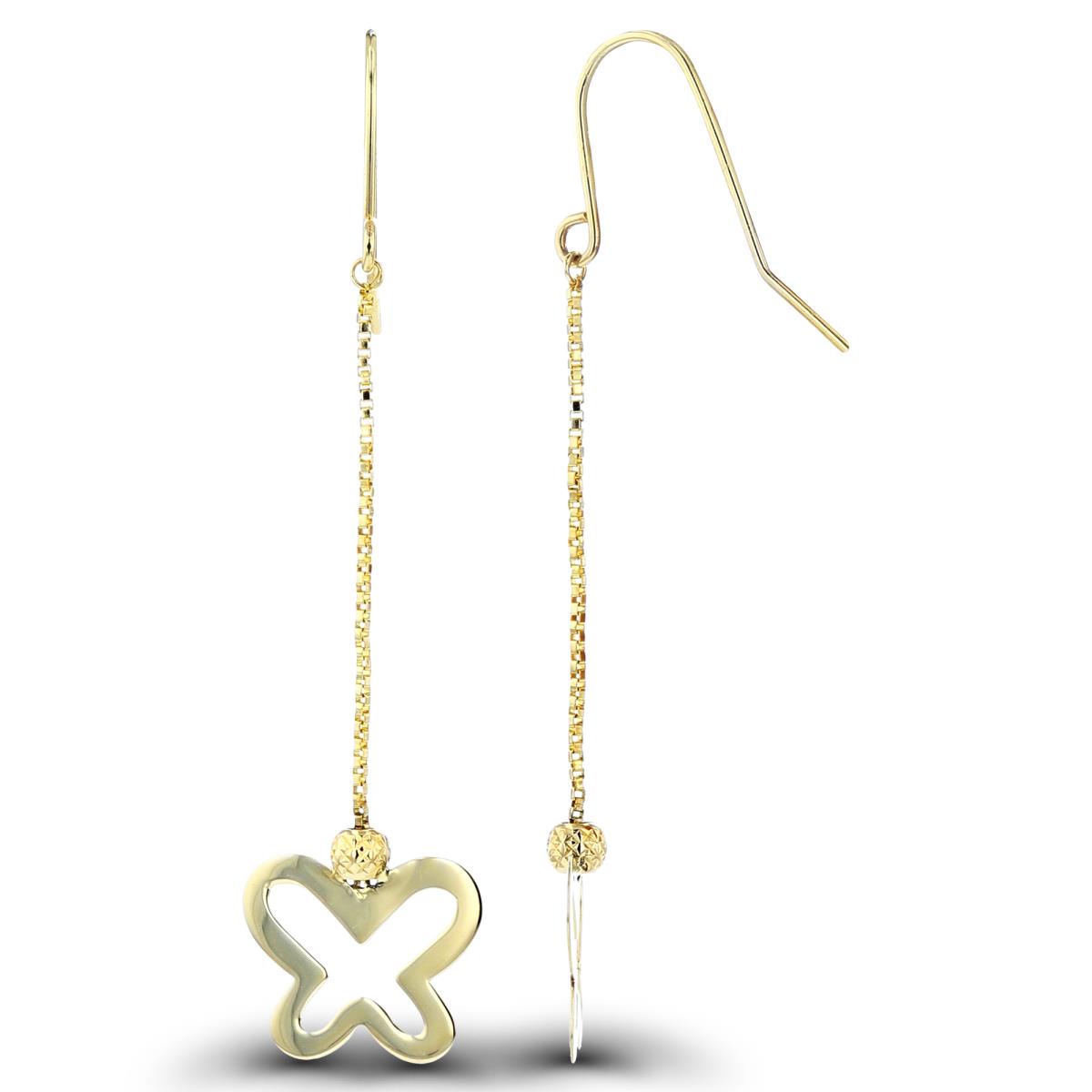 14K Yellow Gold High Polish Butterfly & DC Ball Dangling on Spool Earrings with Fish Hook