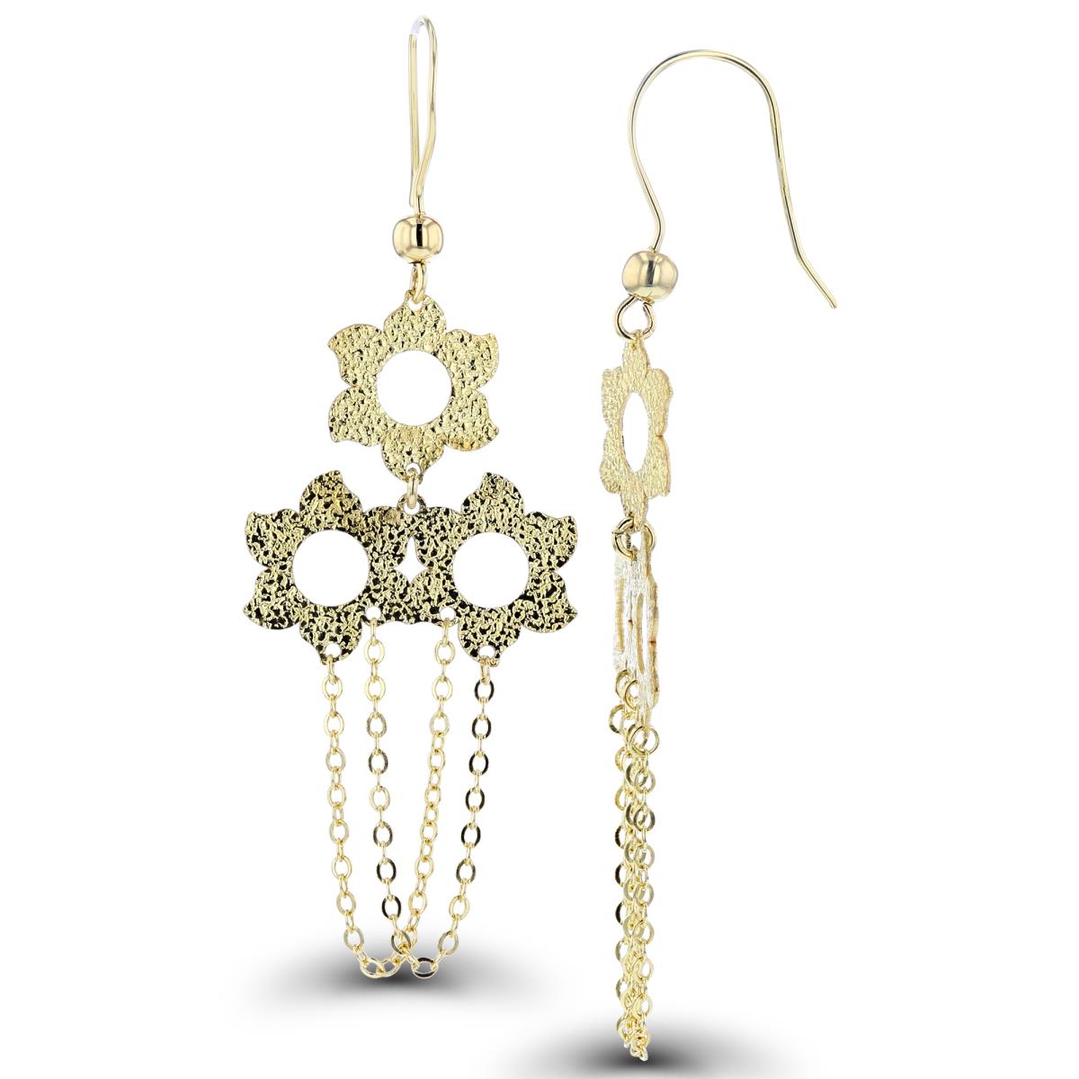 14K Yellow Gold Textured Flowers with Spools Chandelier Dangling Earrings with Fish Hook