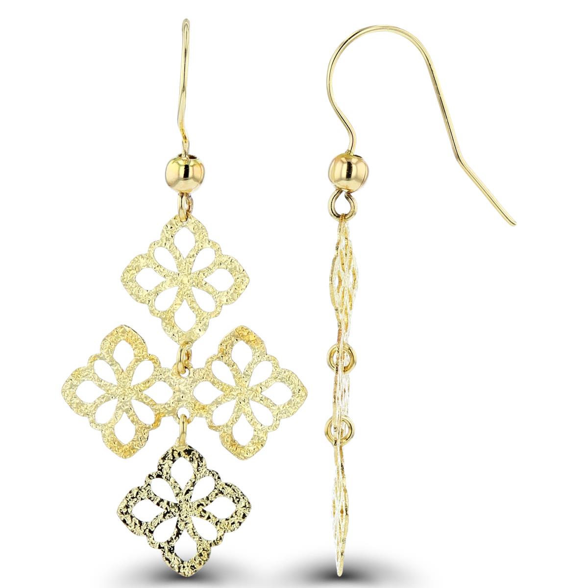 14K Yellow Gold Textured Ornament Cross Dangling Earrings with Fish Hook