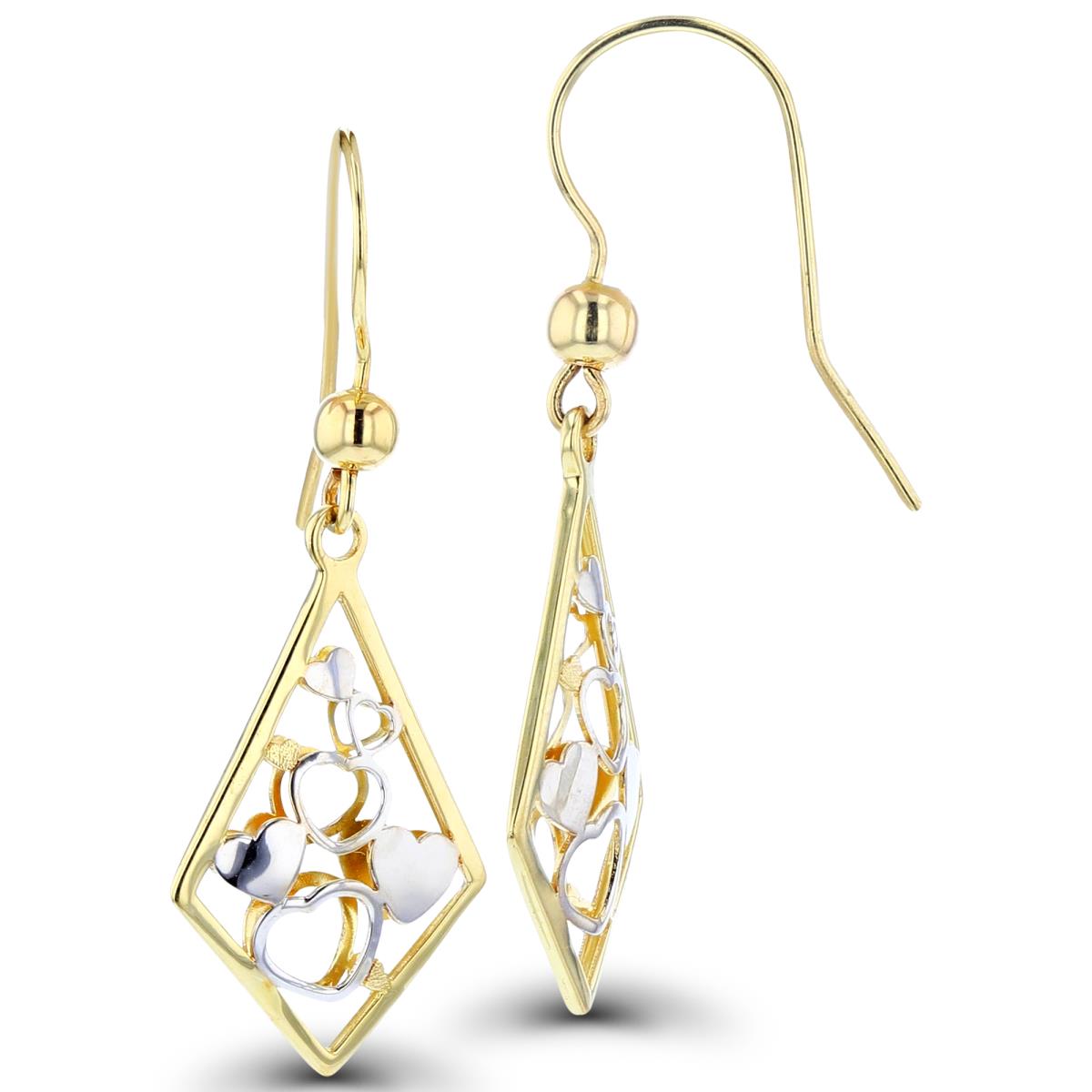 14K Two-Tone Gold Double Sides Ornament Hearts in Rhomb Dome Dangling Earrings with Fish Hook (1pr)