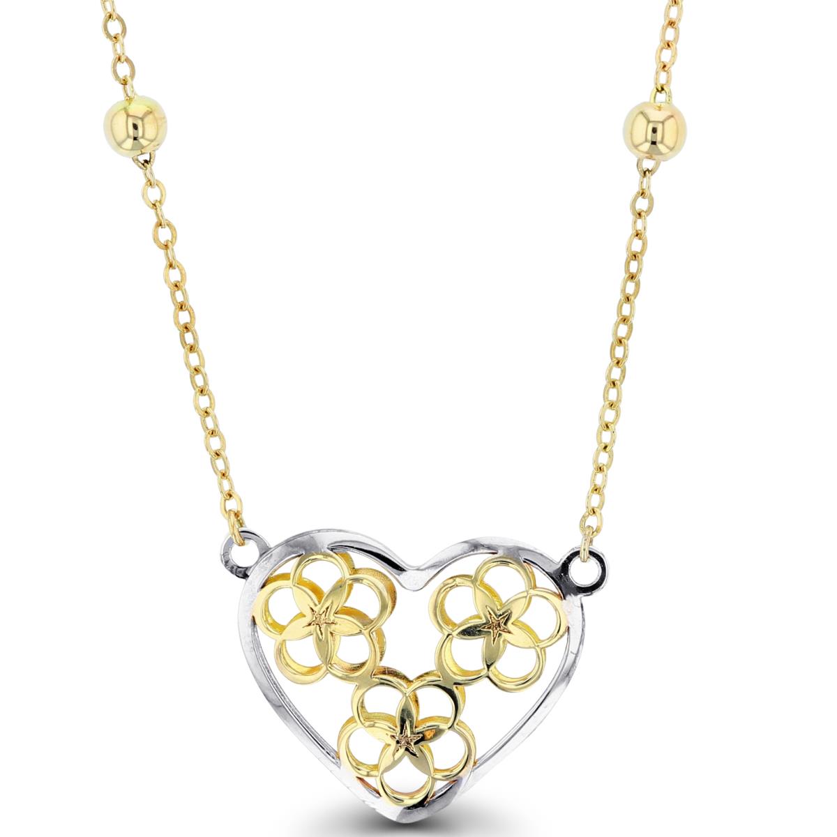 14K Two-Tone Gold Double Sides Heart with Ornament Flowers inside 17"Necklace