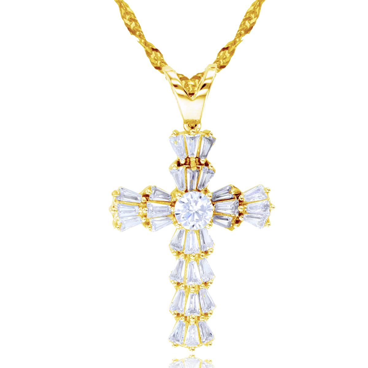 Sterling Silver+1Micron Yellow Gold 4.75mm Rnd CZ Center & TB CZ Layered Fancy Cross 18"+2" Sigapore Necklace