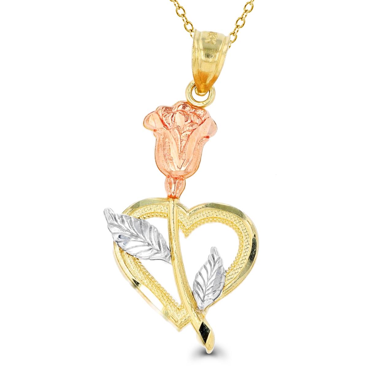 10K Tri-Color Gold Rose Flower Heart 18" Necklace
