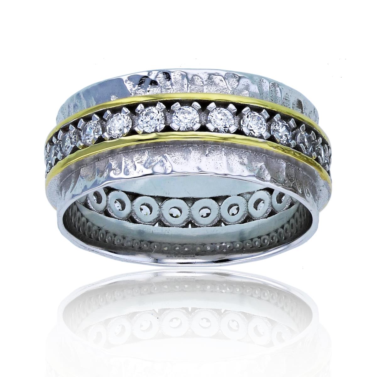 Sterling Silver Rhodium & Yellow Textured CZ Middle Row Band Ring
