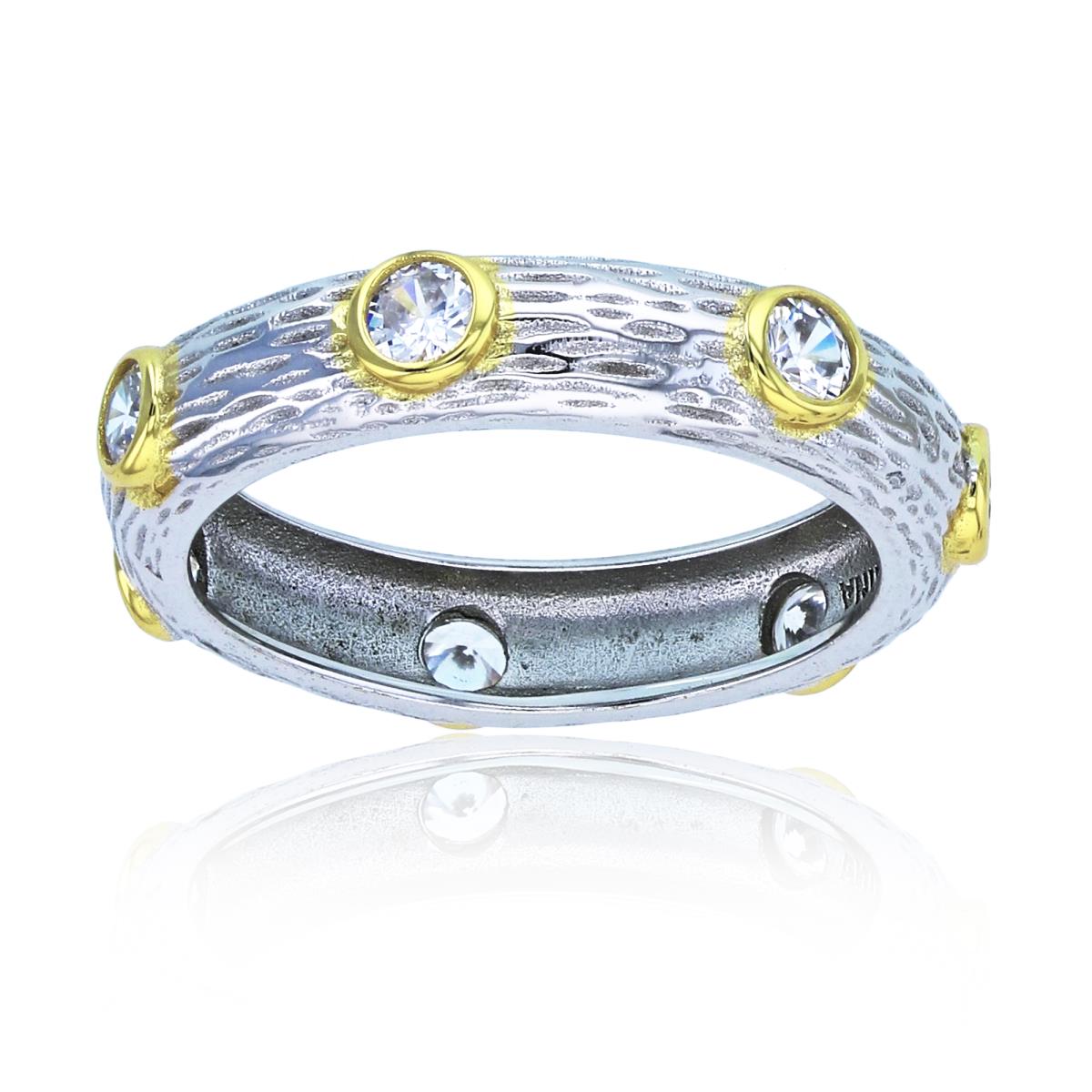 Sterling Silver Rhodium & Yellow Bezel CZ Textured Band Ring