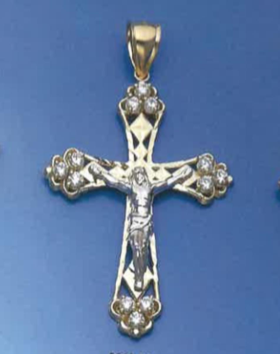 10K Two-Tone Gold Triple CZ Corners Crucifix Cross Pendant