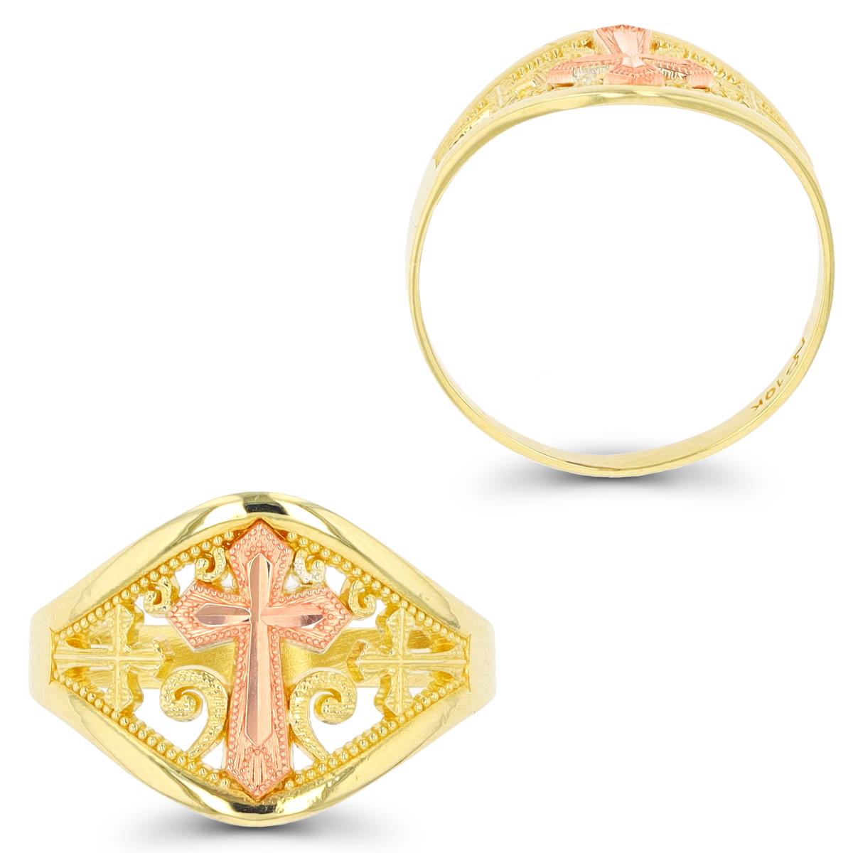 14K Yellow & Rose Gold Milgrain & DC Cross Religious Ring