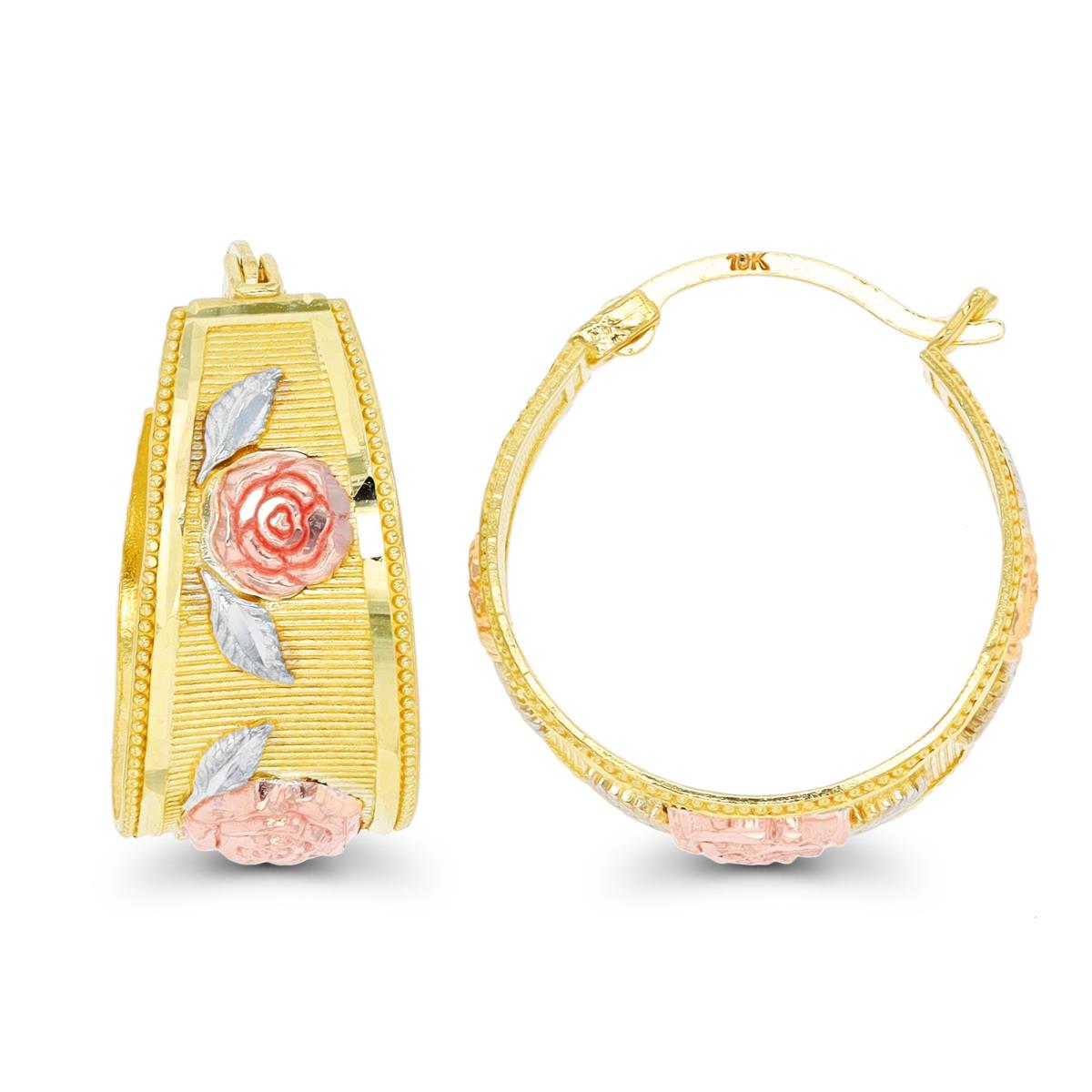 14K Tri-Color Gold Graduated Rose Textured Hoop Earring