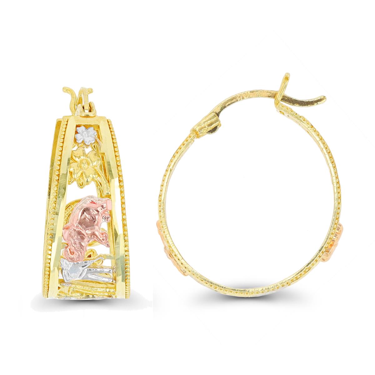 14K Tri-Color Gold Graduated Milgrain Floral Hoop Earring