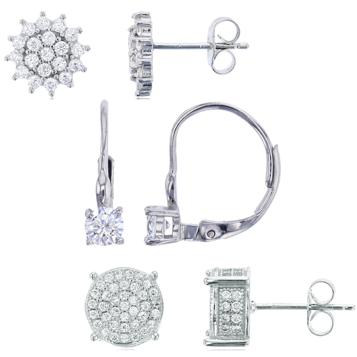 Sterling Silver Rhodium Round Cut Studs & 4mm Rnd Solitaire Drop on Leverbacks 3-Earrings Set