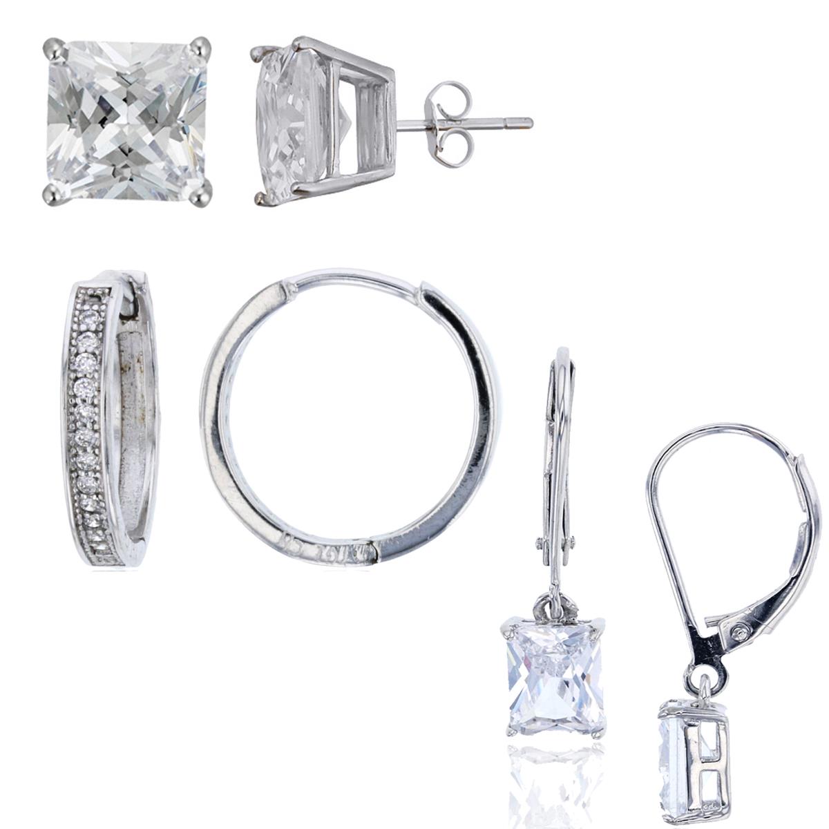 Sterling Silver Rhodium 8mm Princess Solitaire Studs/7x5mm Octagon Dangling Earrings & Pave Huggie Earrings 3-Units Set