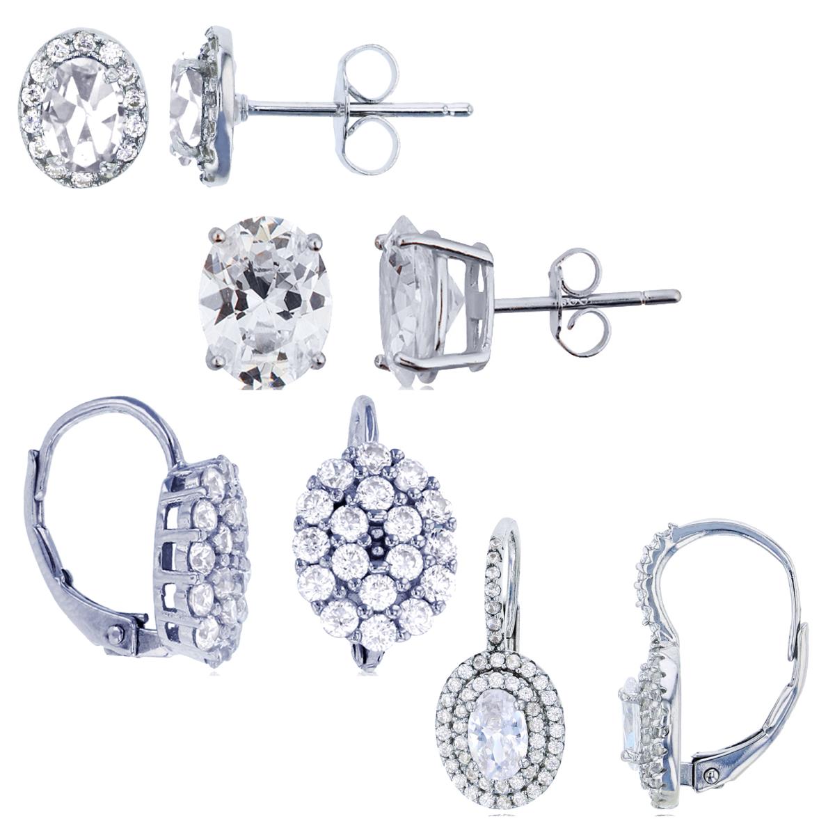 Sterling Silver Rhodium 6x4mm Ov Studs/ 9x7mm Ov Solitaire Studs & Earrings with Leverbacks 4-Units Set